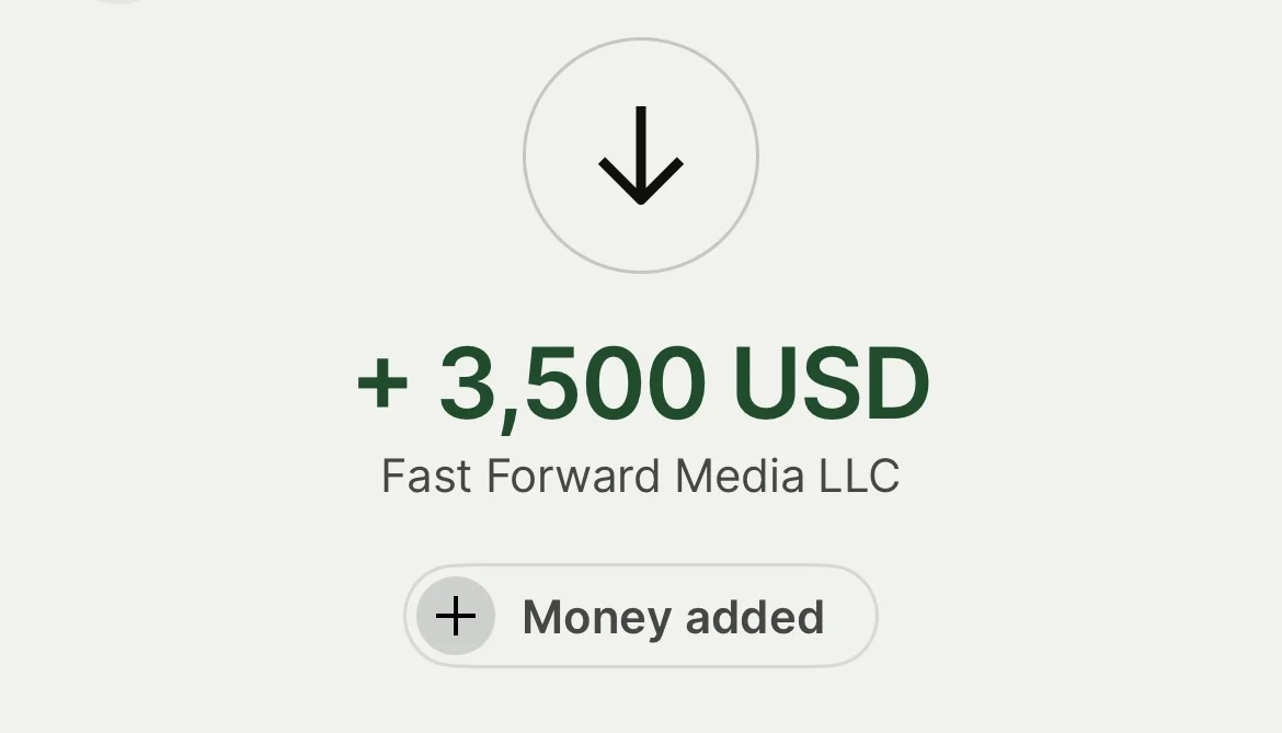 Print de pagamento recebido: + 3,500 USD de Fast Forward Media LLC